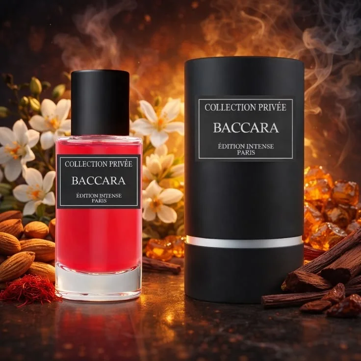 Flacon Bakara, Collection Privée, entouré de fleurs blanches et d'épices